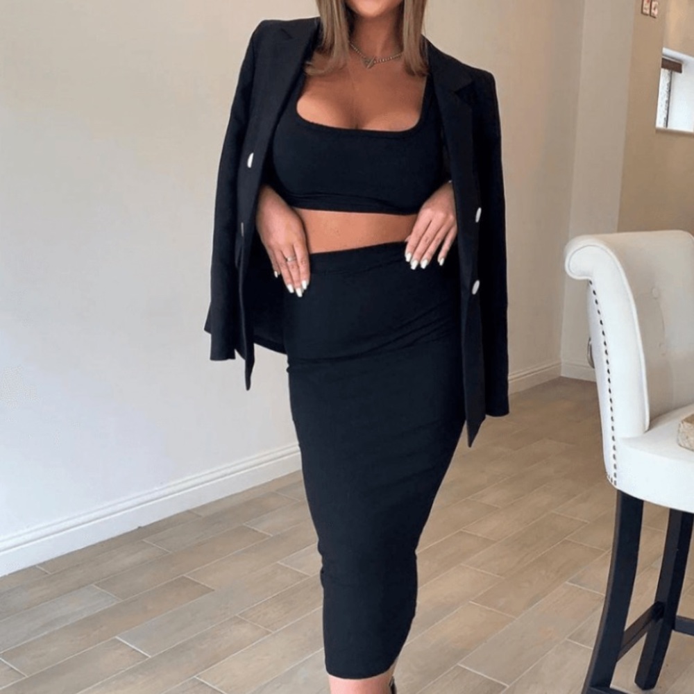 Black ribbed knit skirt and crop top set